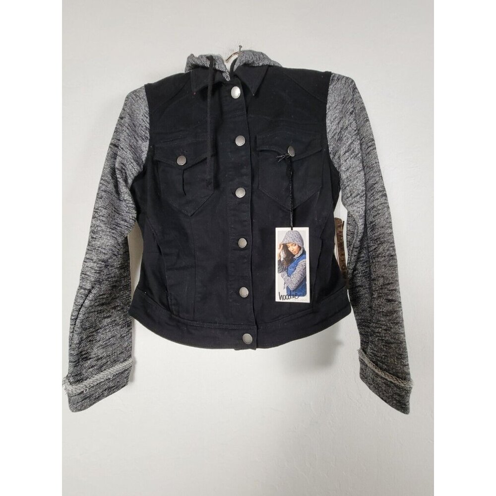 Tinsel Town Womens Button Front Denim Hooded Casual Jacket Black Size Small NEW